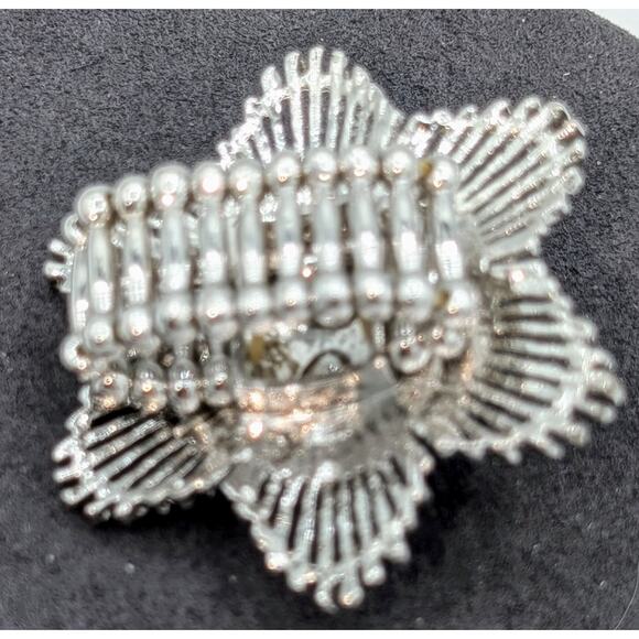 Sparkle Rhinestone Flower Silver Tone Stretch Ring & Matching Pierced Earrings - Picture 2 of 7